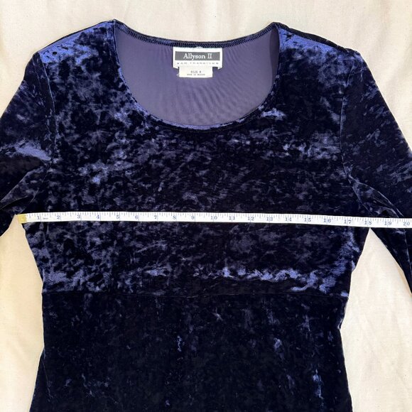 Vintage 90s Long Sleeve Dark Blue Crushed Velvet Empire Waist Dress Size 8 - Picture 11 of 14